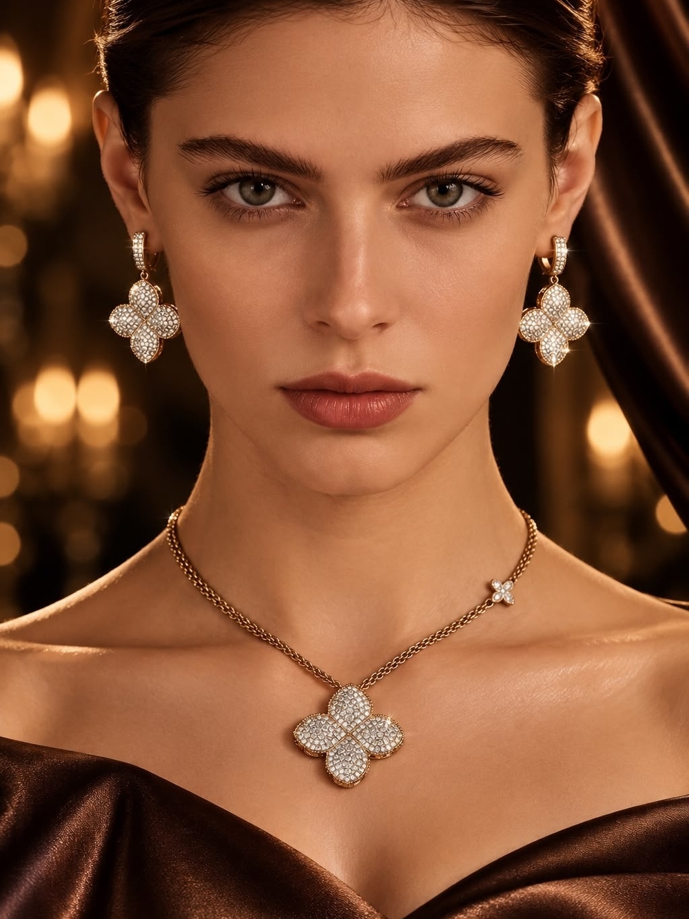 Gold Pave Clover Necklace and Earrings Set - Picture 5 of 7